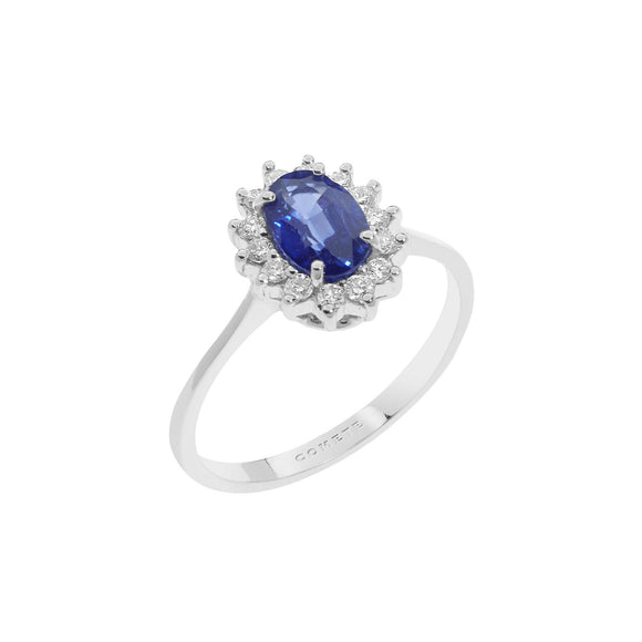 Anello COMETE in oro bianco 18 ct. diamanti e Zaffiro blu ovale - Modello Kate collezione Regina (versione grande)