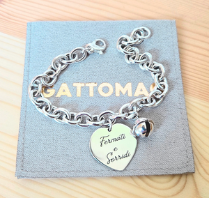 G.C102 - Bracciale Argento 925 catena bombata cuore inciso in corsivo e campanello
