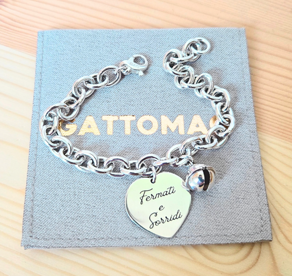 G.C102 - Bracciale Argento 925 catena bombata cuore inciso in corsivo e campanello