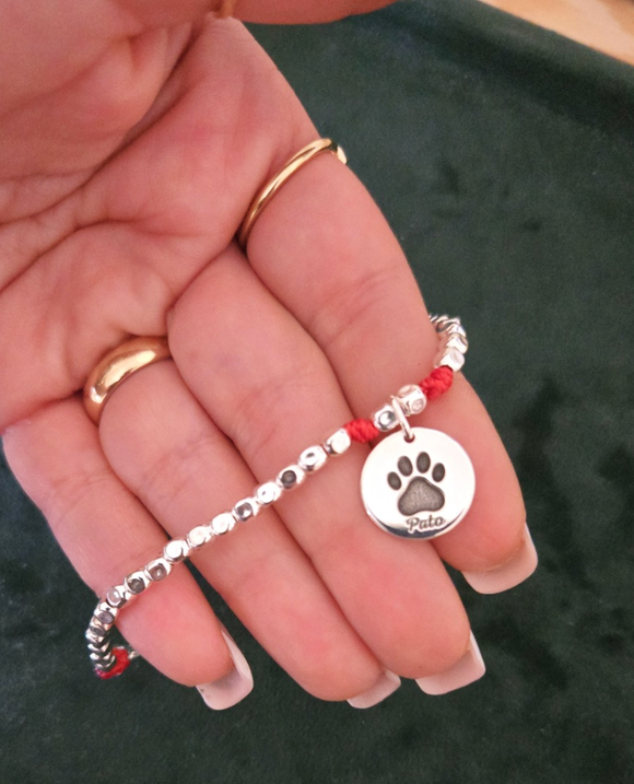 G.Z132 - Bracciale Argento 925 doppio nodino e medaglietta zampa (gatto o cane) con nome inciso